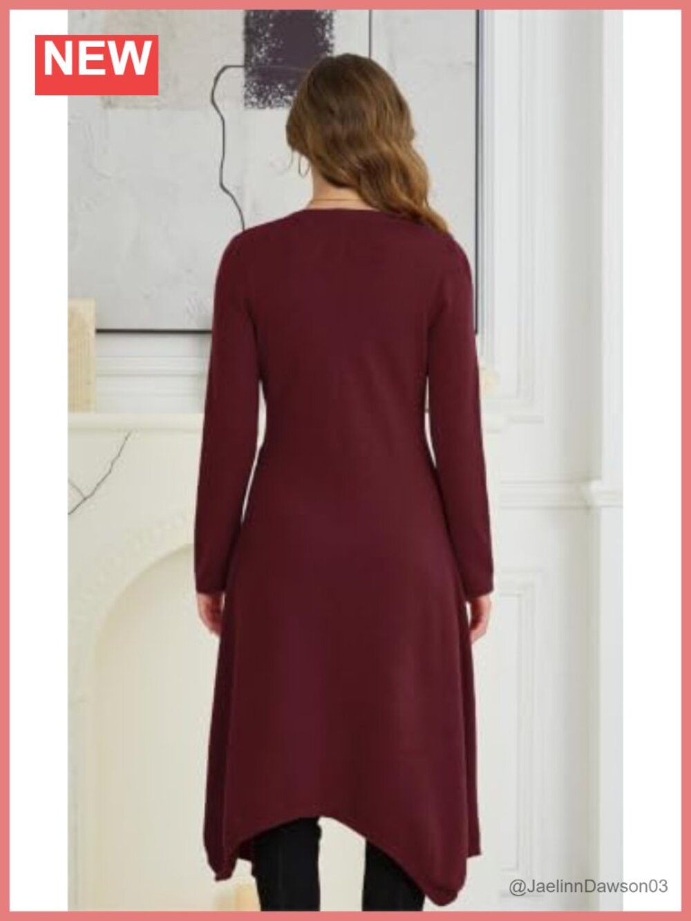 Women's Tie Waist Midi Sweater Dress V Neck Long Sleeve A-Line Knit - Picture 3 of 5